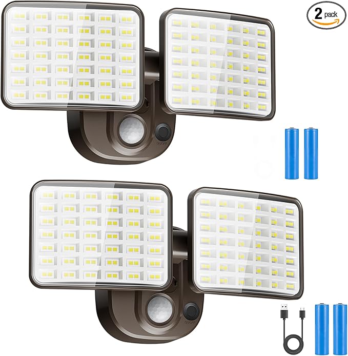 Rechargeable Battery-Powered Motion Light (1-3 Months Endurance), 2500LM Standard & 4000LM High-Brightness Dual Modes, USB Charging Outdoor LED Flood Light for Garage,Yard,Patio,Garden (Brown) 2 Packs