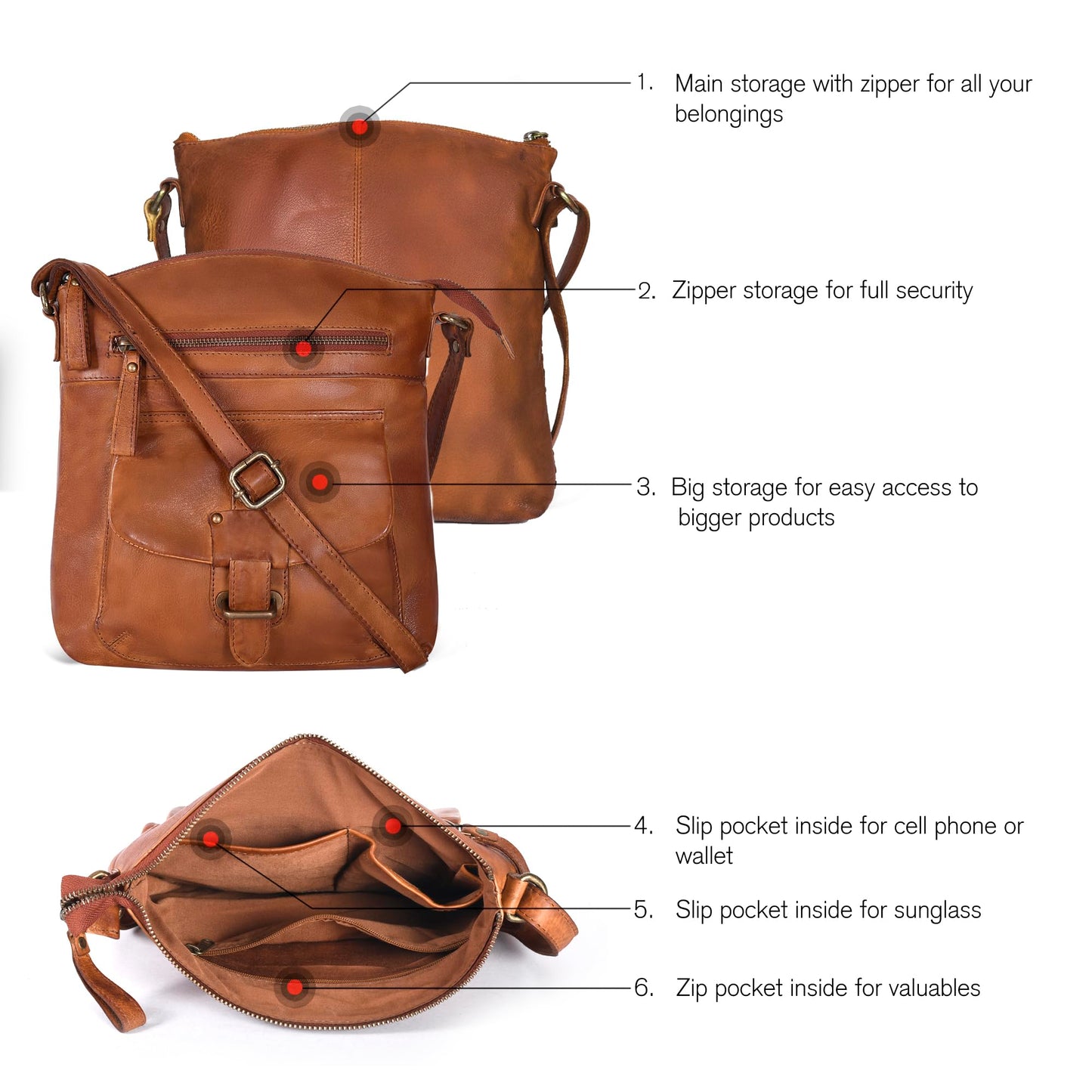 Oak Leathers Leather Crossbody Bag For Women With Adjustable Sling Strap - Medium Size Crossover Shoulder Handbag Purse (Tan Wash)