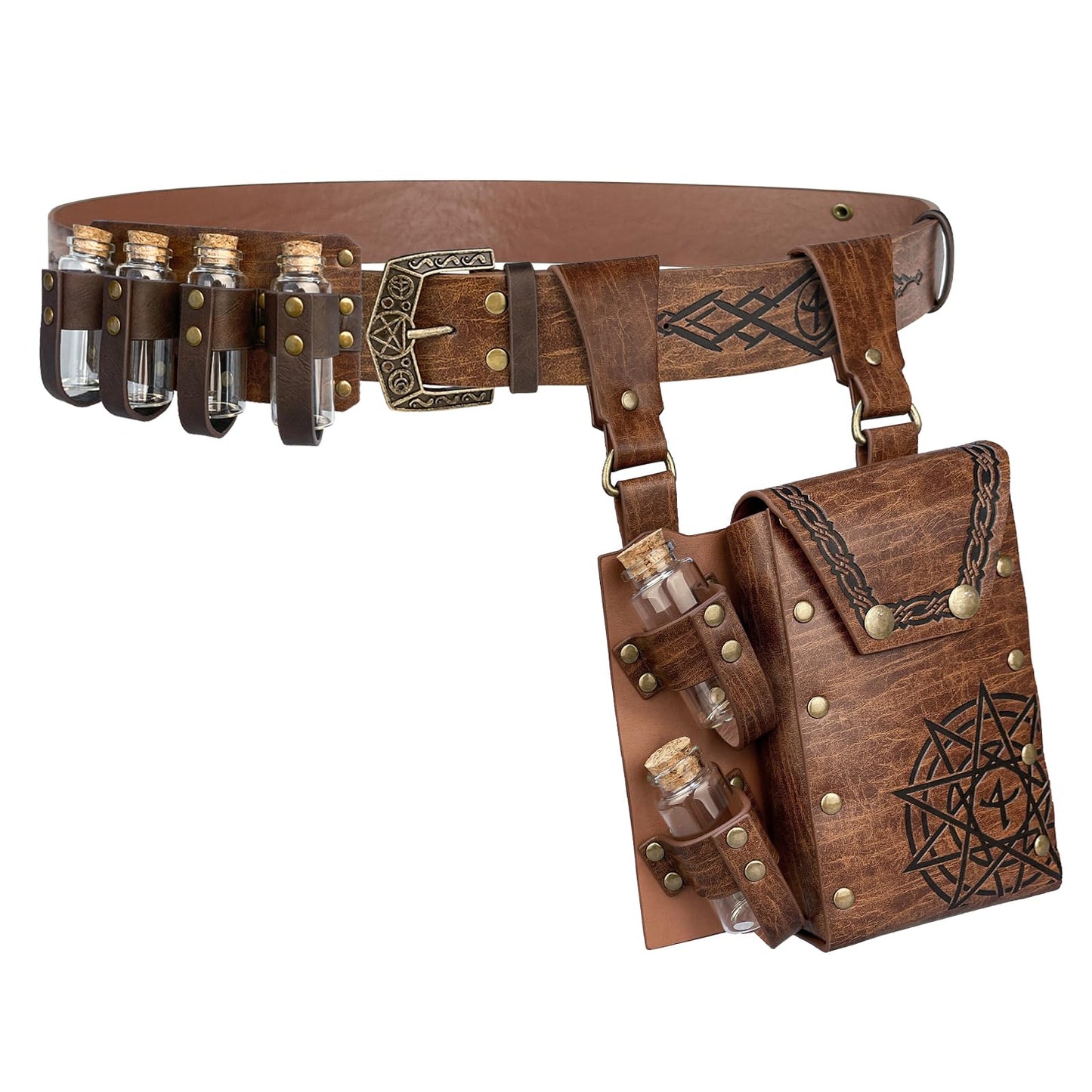 EpicCos 3 PCs Medieval Alchemy Belt Waist Pack Combo with Multiple Potion Bottles, Viking Rivet Belt Side Pouch for Cosplay (Brown D)