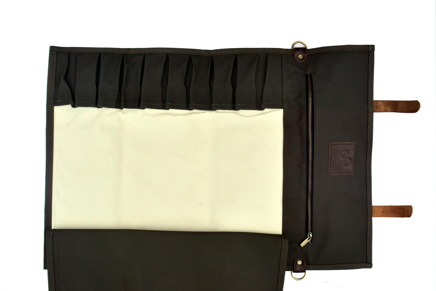 EVERPRIDE Stunning Waxed Canvas Roll Bag in Rich Dark Green w Genuine Leather Trim. Handsome Professional Chef Knife Roll Bag with upto 14" Knives and Storage Compartments A Super Gift