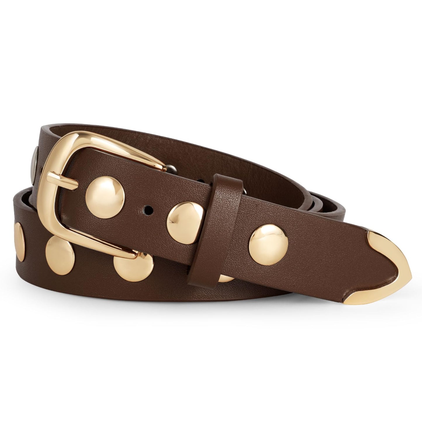 WERFORU Women Fashion Leather Belt Studded Leather Belt Ladies Belts for Jeans Dress Punk Belt,Coffee,25"-30" Waist Adjustable-
