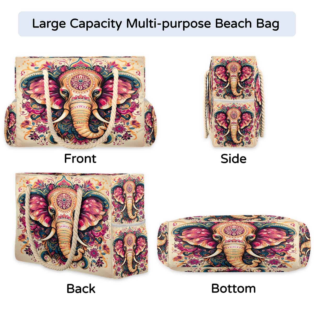 ModaQua Elephant Floral Splendor Beach Bags Waterproof Sandproof for Women, Large with Zipper Pool Beach Tote Reusable Grocery Shoulder Bag for Swim Travel Shopping Vacation Picnic