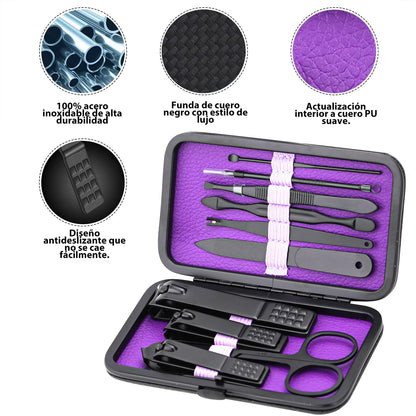 Manicure Set Nail Clippers Kit Professional Stainless Steel Nail Care Tools with Leather Travel Case 10 in 1 Blue