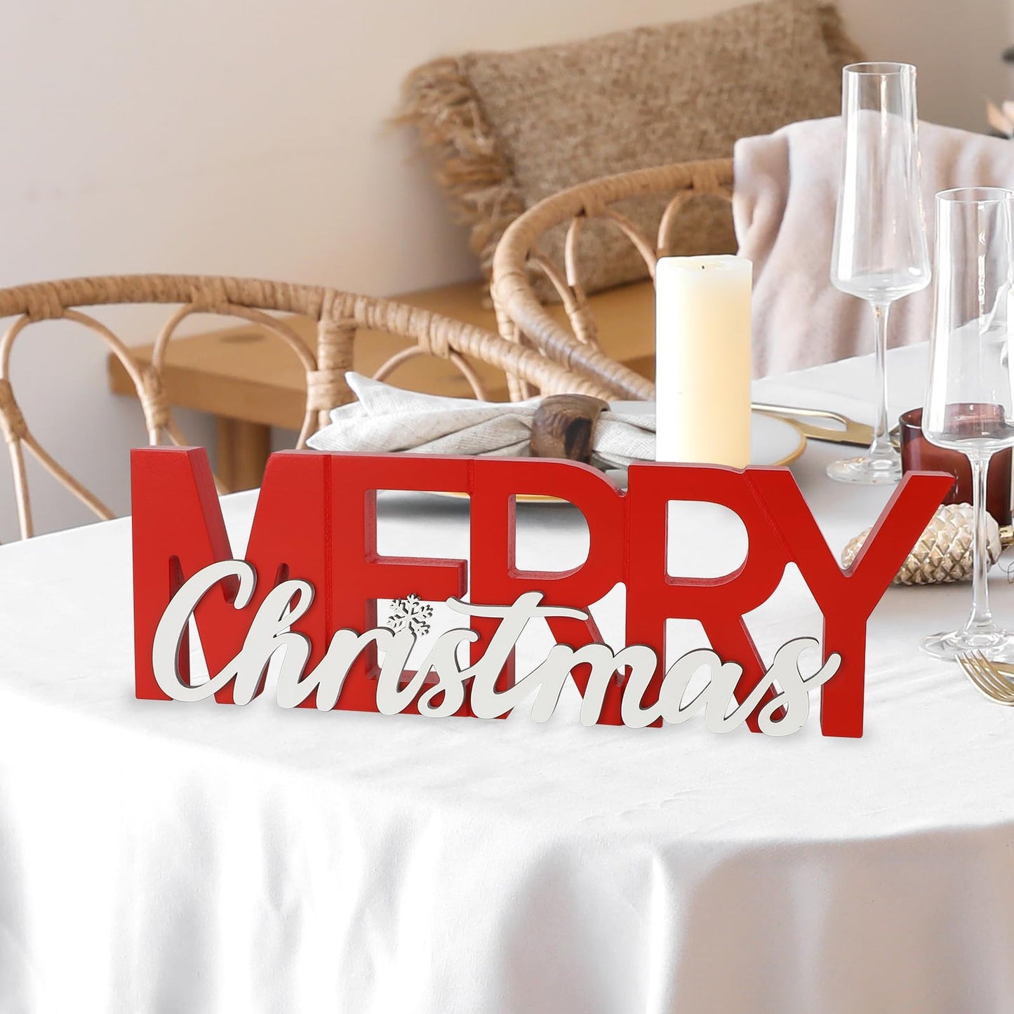 COCHIE Wooden Merry Christmas Sign, Winter Decorations for Home, Office, Shelf, Mantel, Indoor, Wood Snowflake Decor, Red White Table Top Party Decoration (Merry Christmas)