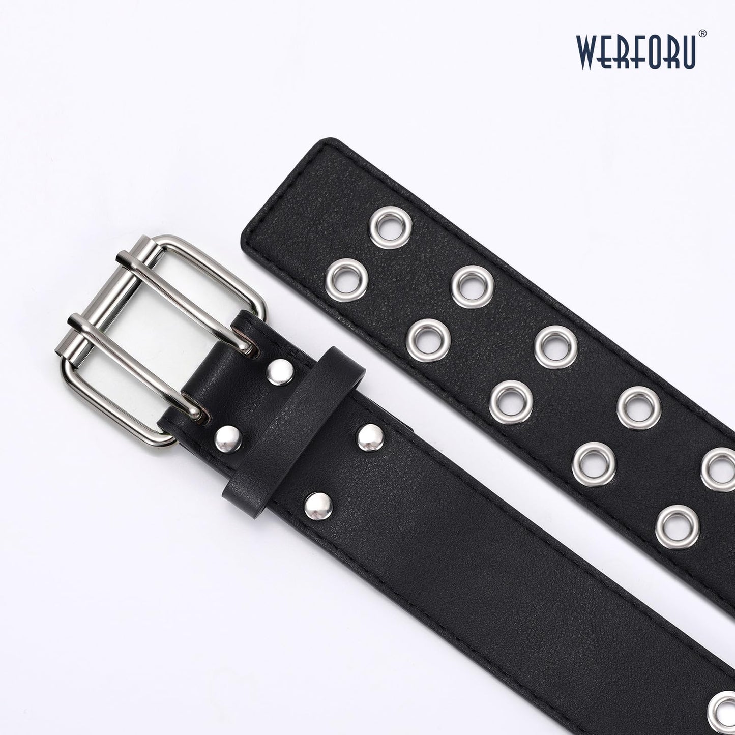 WERFORU Double Grommet Leather Belt with Detachable Chain for Women Punk Black Studded Waist Belt for Pants Jeans