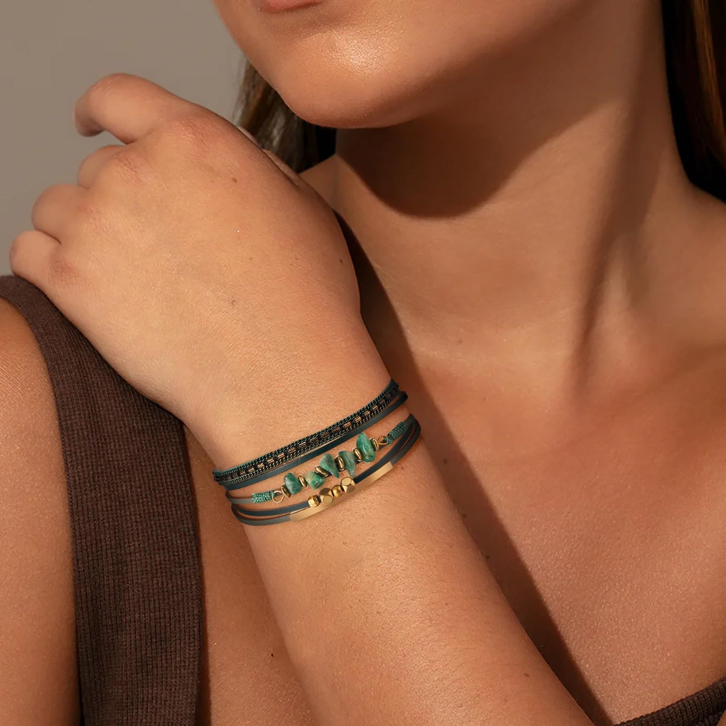 Fesciory Leather Wrap Bracelets for Women, Boho Leopard Multi-Layer Crystal Beads Cuff Bracelet Jewelry (Stone(Green1))
