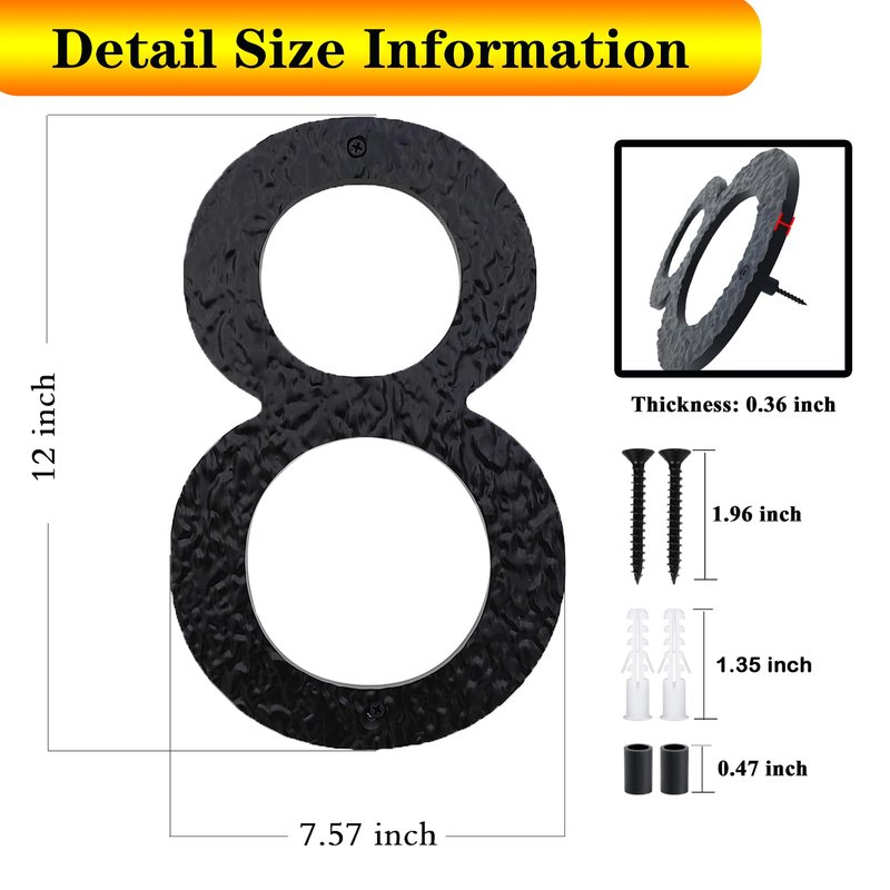 TripDock 12 Inch High House Numbers for Outside - Anti-Fading & Weather Resistant - Black Acrylic Building Home Address Numbers - Flush or Floating Mount/Number 8