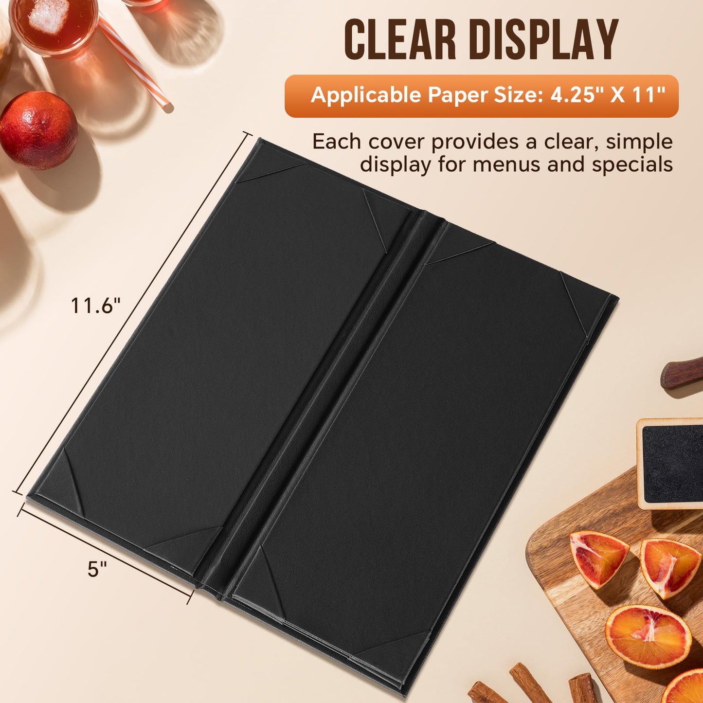 MYFULLY Restaurant Menu Holders 4.25" x 11", 6 Pack Black PU Leather Single Panel Menu Covers with Angled Corners for Restaurant, Bar, Coffee Shop, Wine List (4 View)