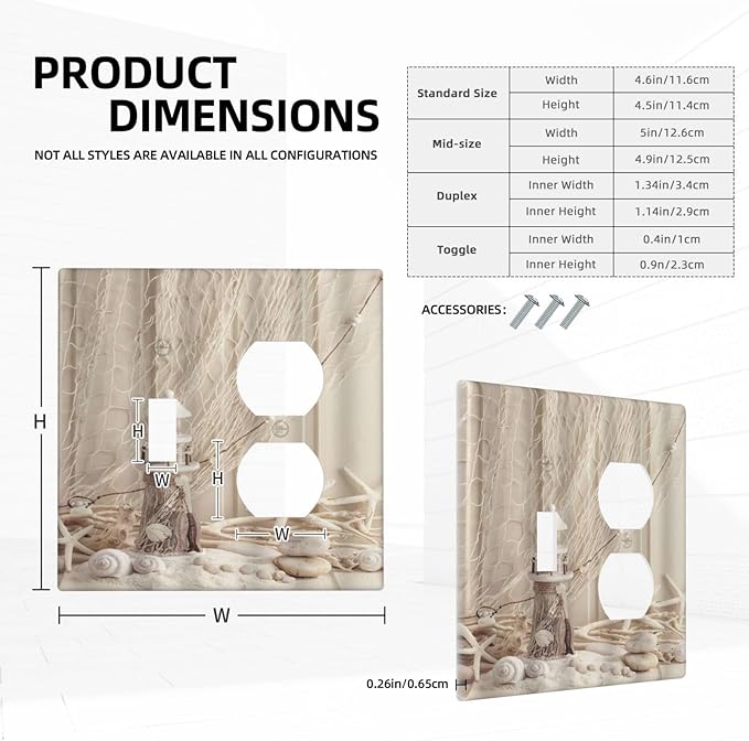 Decorative Light Switch Cover Plate Nautical Coastal Seashell Fishing Net Ocean Lighthouse Starfish 2 Gang Outlet Covers 1 Toggle 1 Duplex Wall Plate Electrical Switch Plate Covers for Bathroom Home