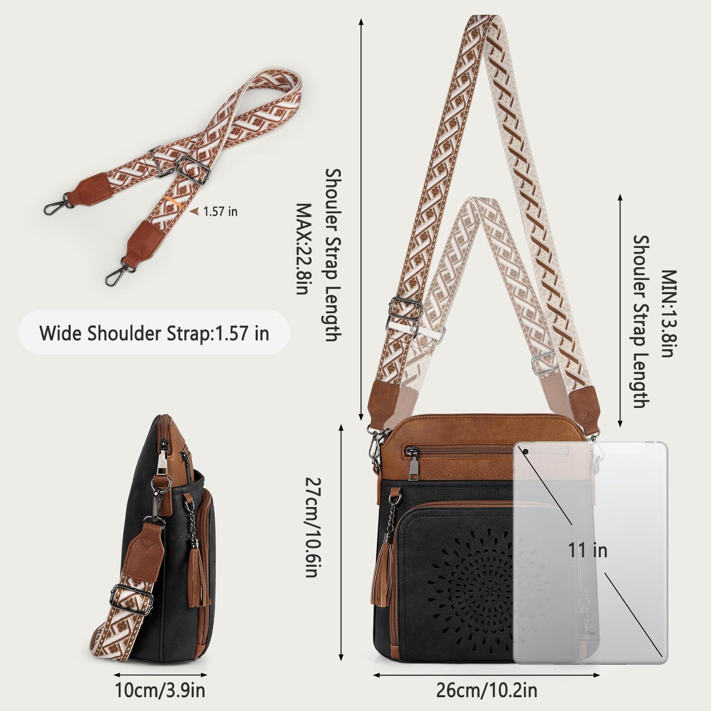 RAINSMORE Crossbody Bags for Women Leather Purse with Built in Wallet & Wide Straps Travel Cross Body Shoulder Handbags, black&brown