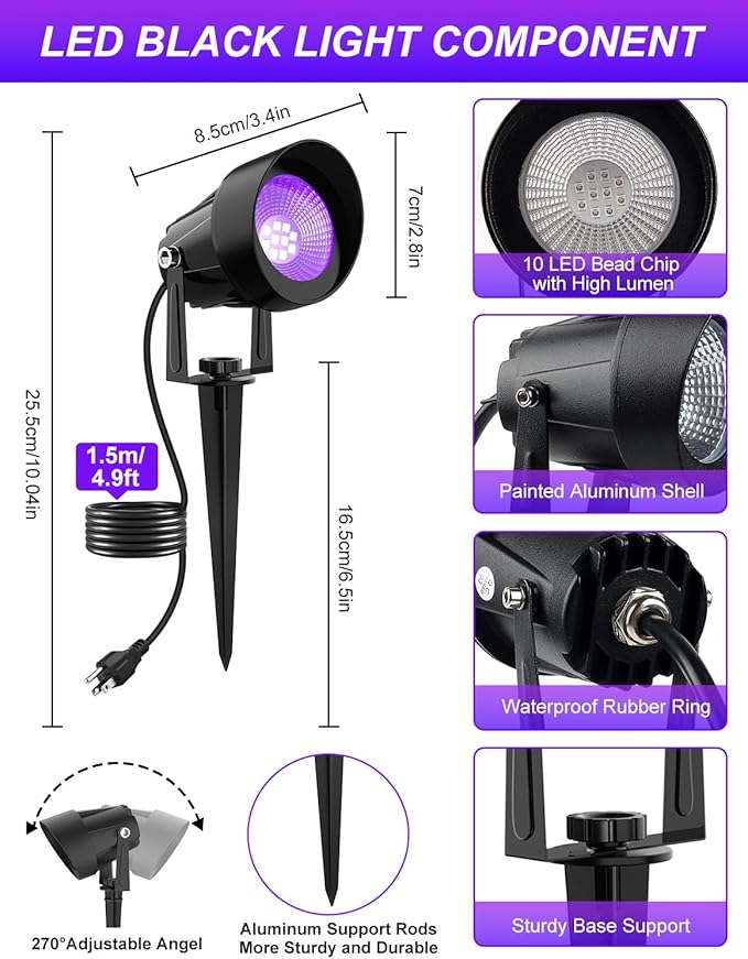 Halloween Outdoor Black Light Spotlight, LED Black Lights Waterproof Landscape Lights with US Plug for Glow Party Body Paint Fluorescent Poster Stage Lighting Yard Garden Decoration(4 Pack)