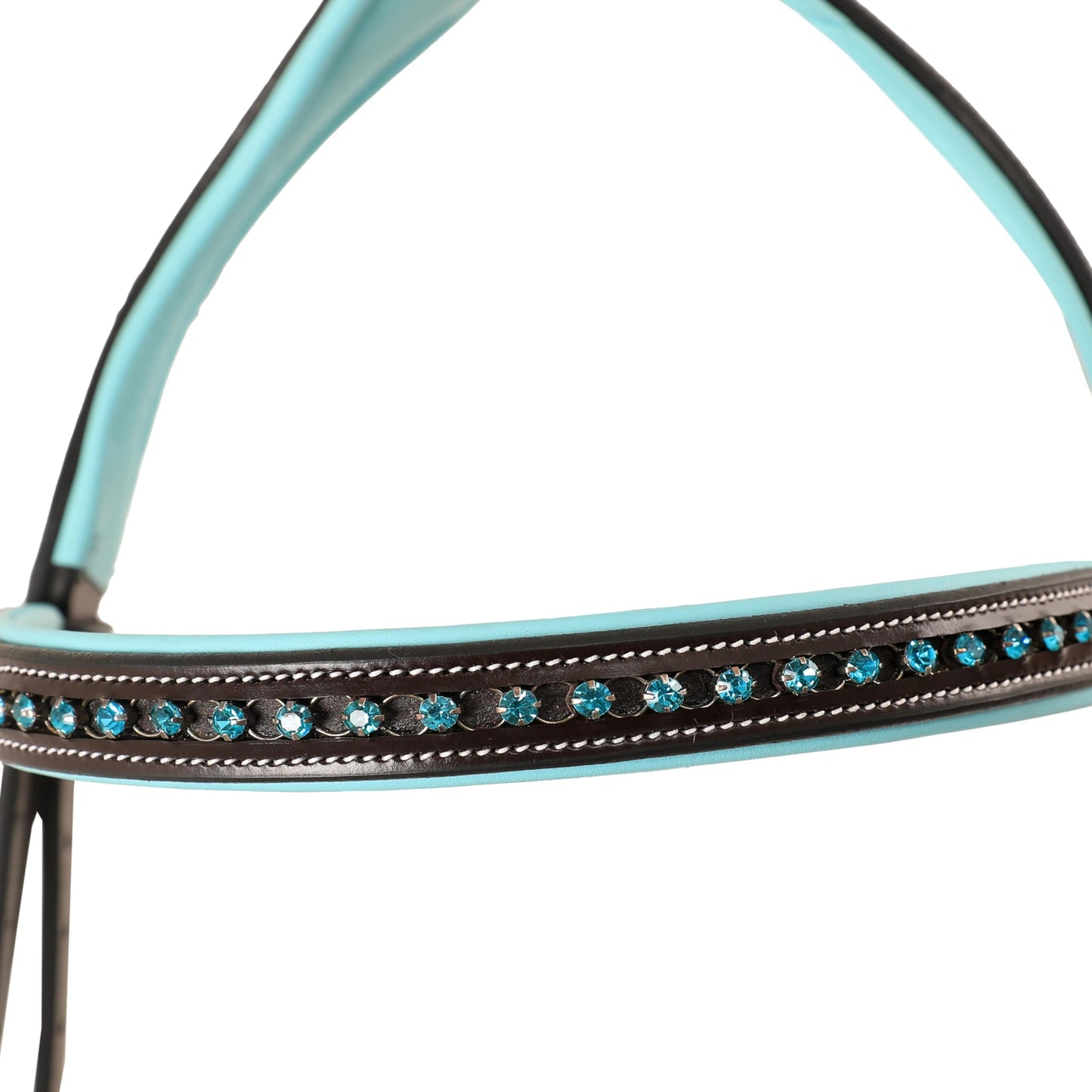 ExionPro Anatomical English Horse Bridle with Blue Crystal Bling Browband- Baby Blue Padded Jumping Bridle with Flash Noseband & Rubber Reins- Comfort Crown - Black or Havana Brown - Full