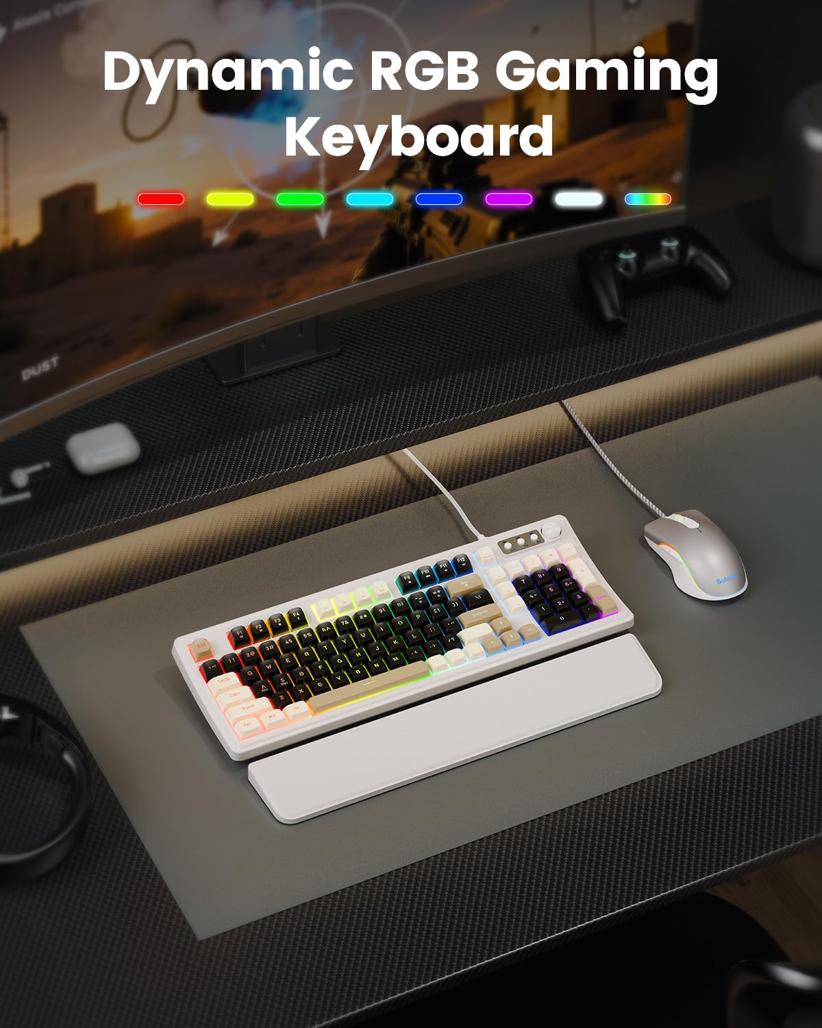 SABLUTE Wired Gaming Keyboard and Mouse, RGB Backlit Mechanical Feel PC Gaming Keyboard with Multimedia Knob & Anti-Ghosting Ergonomic Premium Leather Wrist Rest for Game (White)