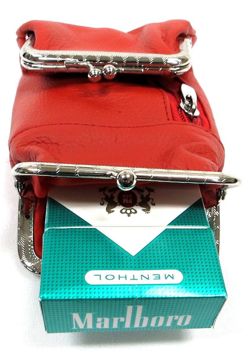 Deluxe Genuine Leather Cigarette and Lighter Case with Zipper Pocket Twist Clasp Kiss Lock Closure Fit 100's -Red