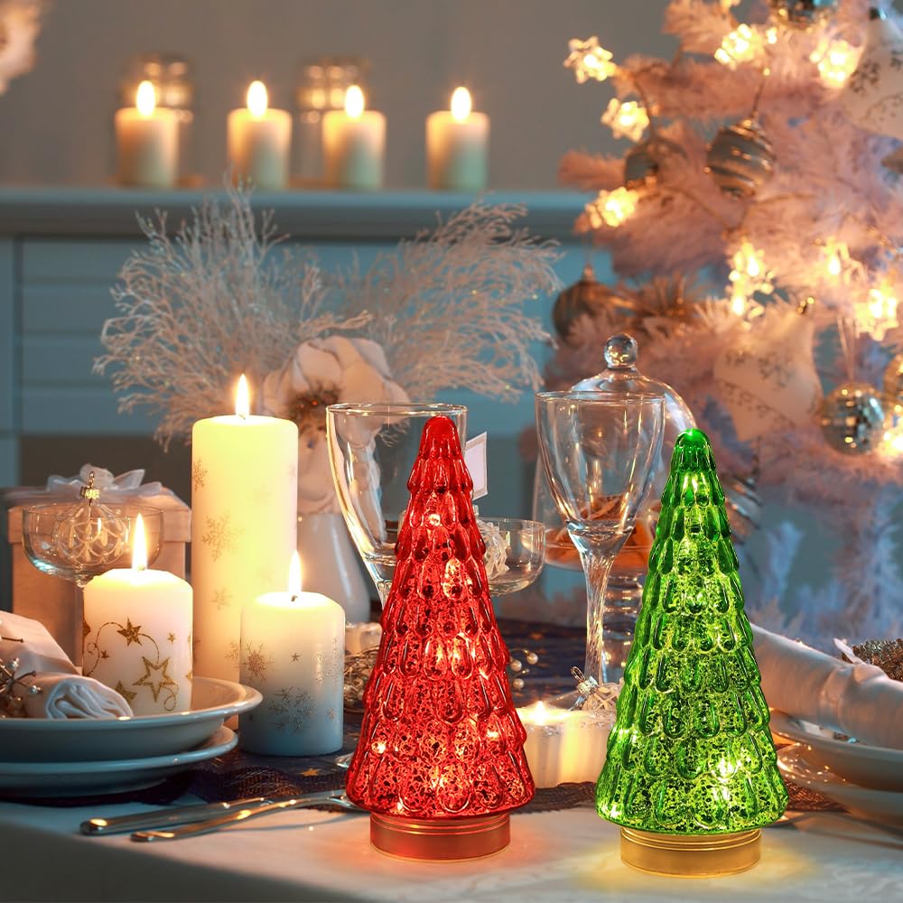PHITRIC Christmas Decorations Indoor, 2 PCS Sparkling Glass Christmas Tree Table Centerpieces Decor with LED Lights and Timer, Xmas Tree Decorations for Home, Mantel, Shelf, Tabletop (Red & Green)