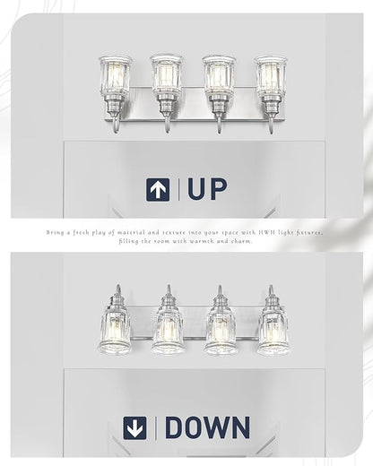 Brushed Nickel Bathroom Light, HWH 4-Light Vanity Lights for Bathroom Vanity Sconce Over Mirror, Wall Mounted Light Fixtures with Bell-Shaped Striped Glass, 5HZG106B-4W BN