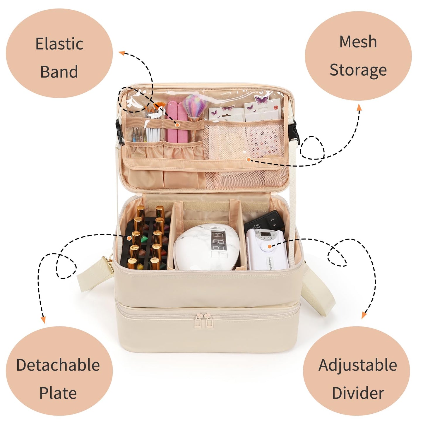 Ethereal Nail Polish Organizer Case, Leather Nail Polish Bag Holds 50+ Bottles (5ml/0.5fl.oz) and Nail Lamp, Nail Storage Organizer with Compartment, Leather White