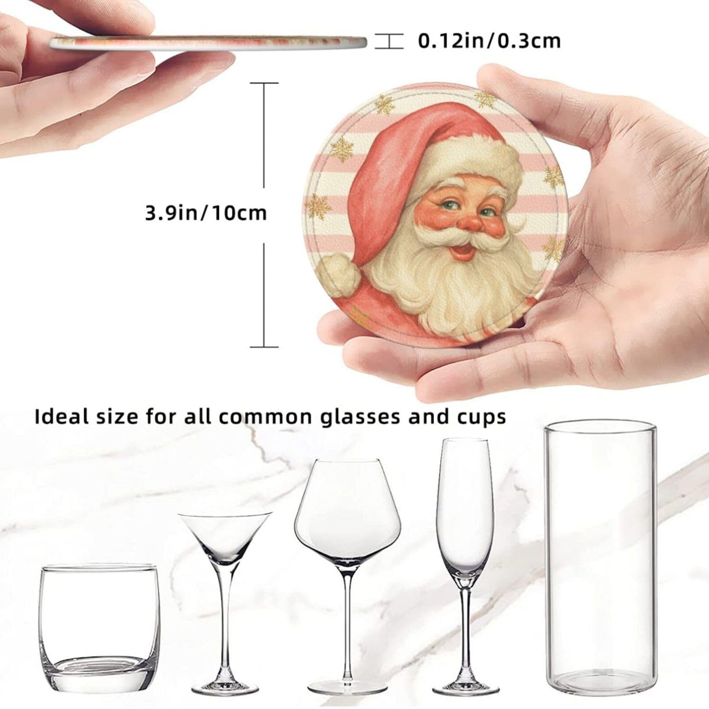 Pink Christmas Santa Claus Striped Coasters for Drinks, Drink Coaster with Holder Set of 6 Round Leather Cup Table Mats for Tabletop Protection Coffee Bar Decor