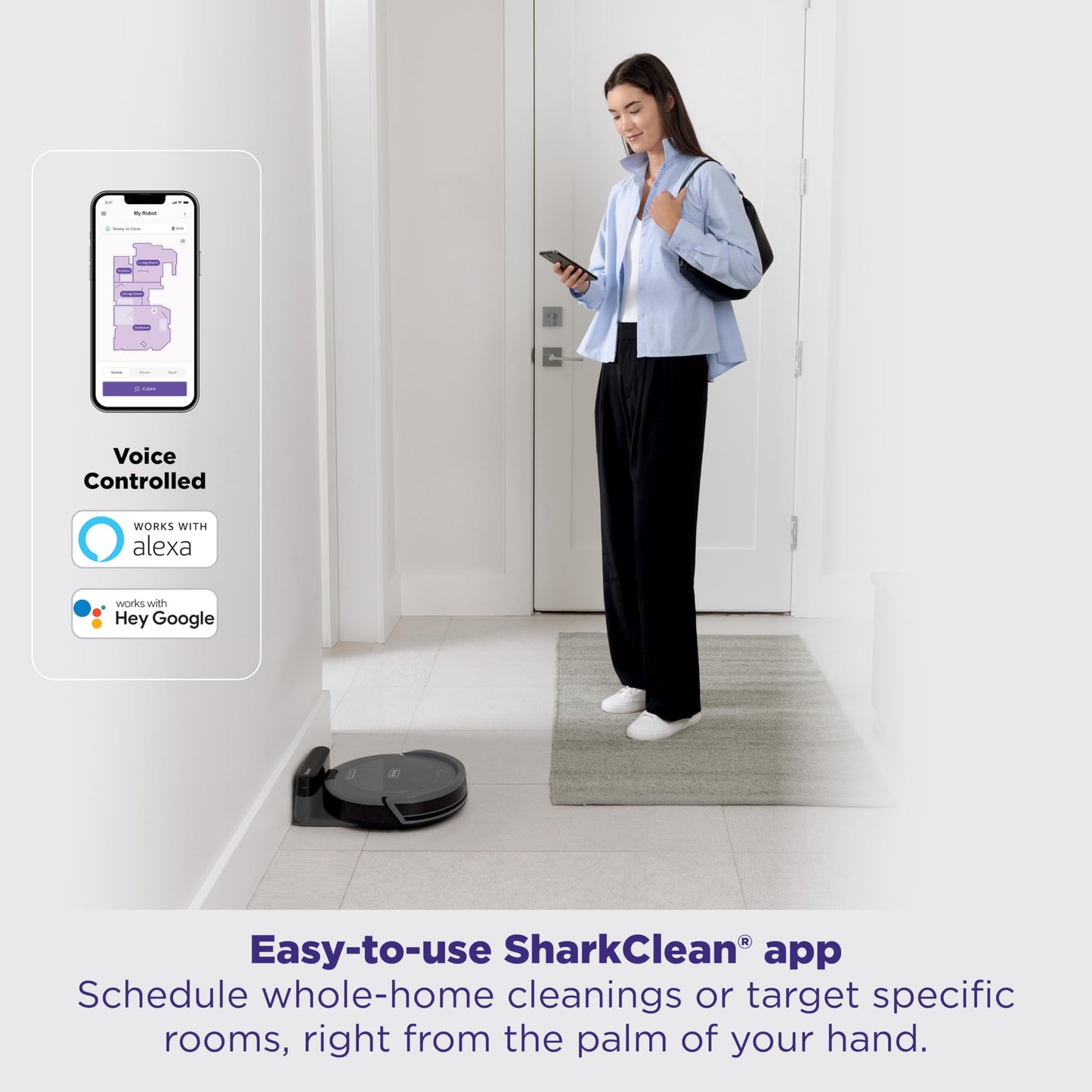 Shark Navigator Robot Vacuum with Bagless 30-Day Capacity Self-Empty Base, Powerful Suction, SmartPath Navigation, Self-Cleaning Brushroll, for Carpets & Hard Floors, White, AV2110S