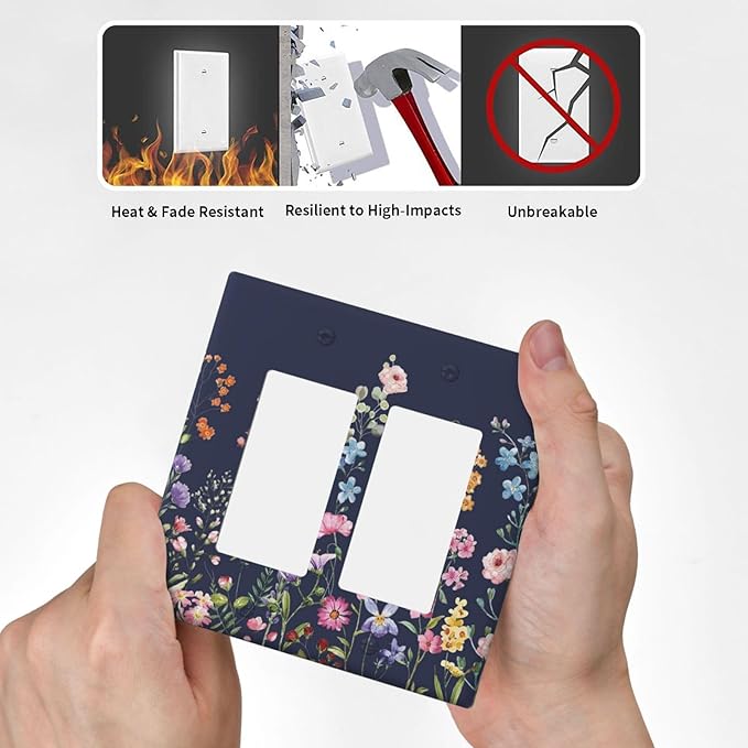 Rustic Wild Floral Darkground Vintage Watercolor Flower 2 Gang Rocker Decora Light Switch Covers Decorative Dual Outlet Covers Wall Plate Electrical Faceplate Switchplate GFCI for Bedroom