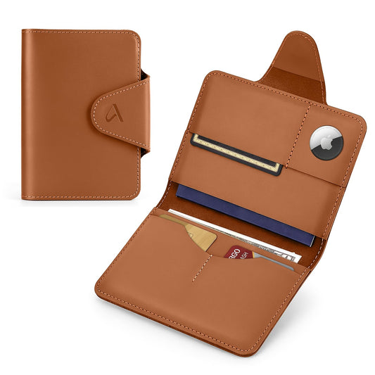 ALLIVE RFID Blocking Passport Holder for Travel Essentials, Genuine Leather Passport Wallet with Built-in AirTag Slot, Magnetic Closure Passport Cover Case for Women and Men, Travel Gifts (Caramel)