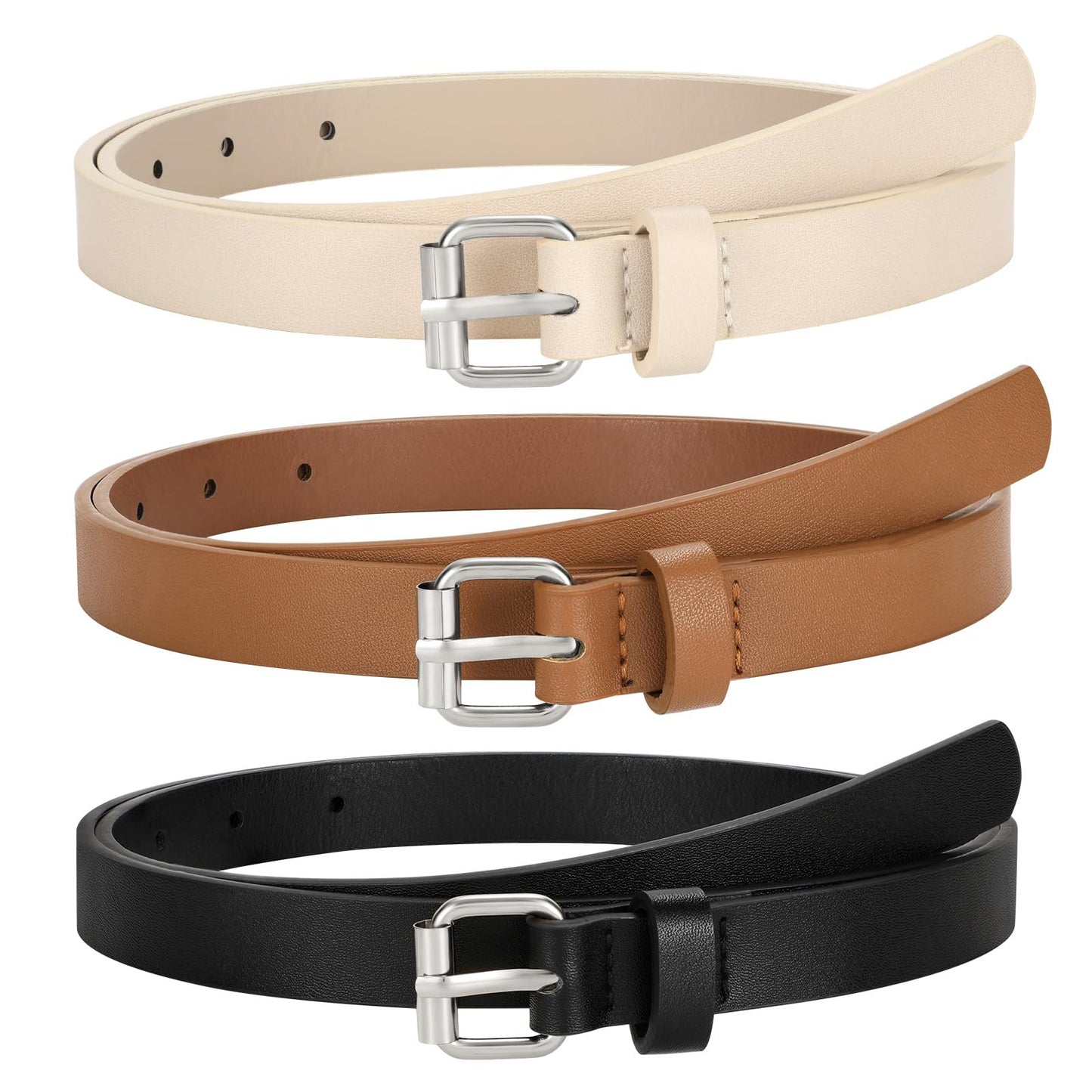 TRIWORKS 3 Pack Women Skinny Leather Belt for Jeans Pants Dress Ladies Thin Waist Belt with Silver Buckle