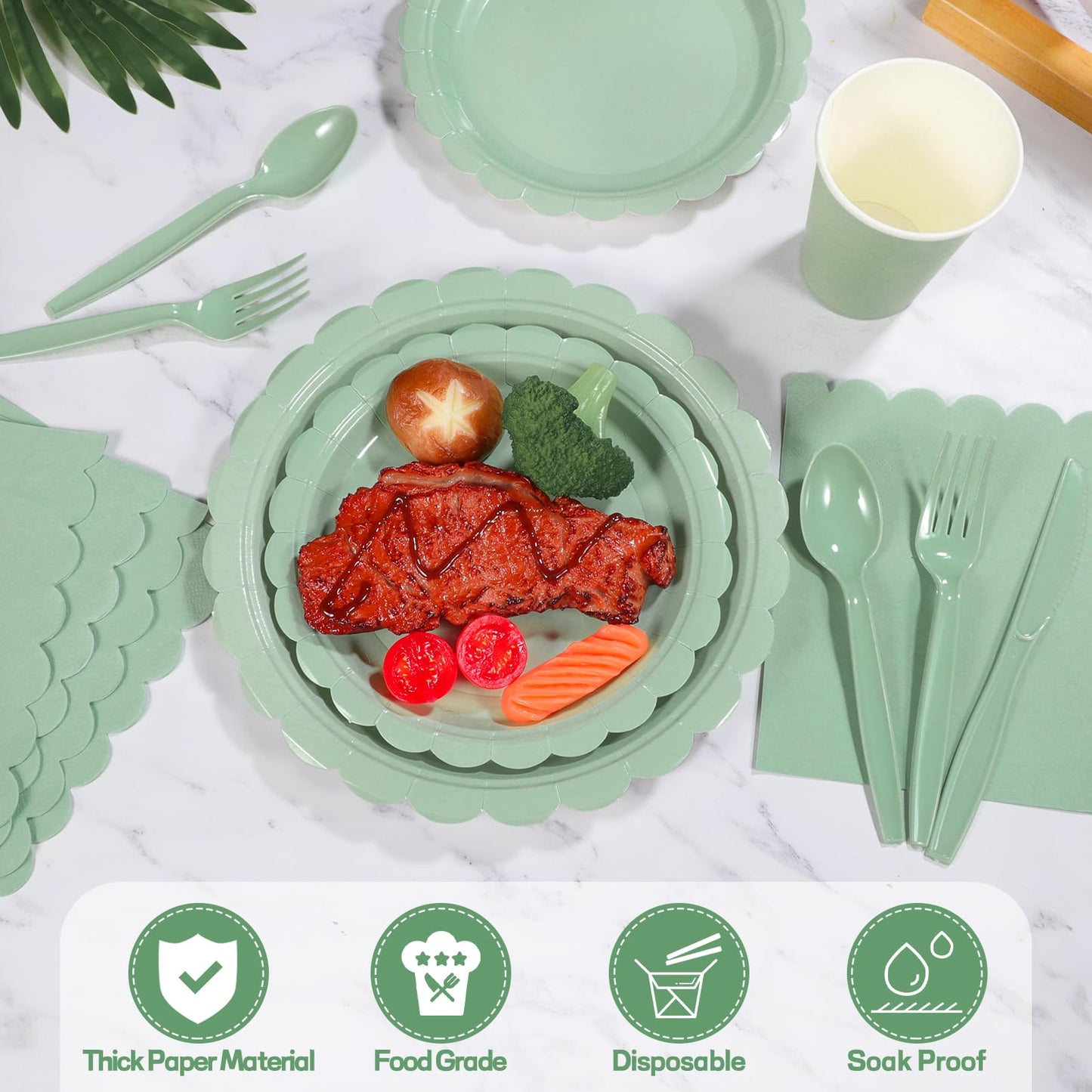 Xiangqu 175 Pcs Sage Green Paper Plates and Napkins, Sage Green Party Supplies Include Green Scalloped Plate Paper Napkin Cup Plastic Cutlery for Baby Shower, Wedding, Birthday