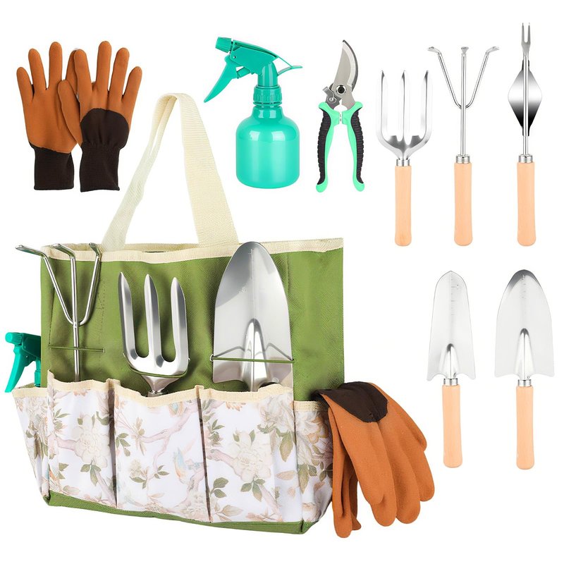 Heavy Duty Gardening Tools, 9 Pieces Garden Tool Set, Stainless Steel Rust Proof Non-Slip Garden Hand Tools with Fashion and Durable Storage Bag, Ideal Gardening Gifts for Women Men Mom