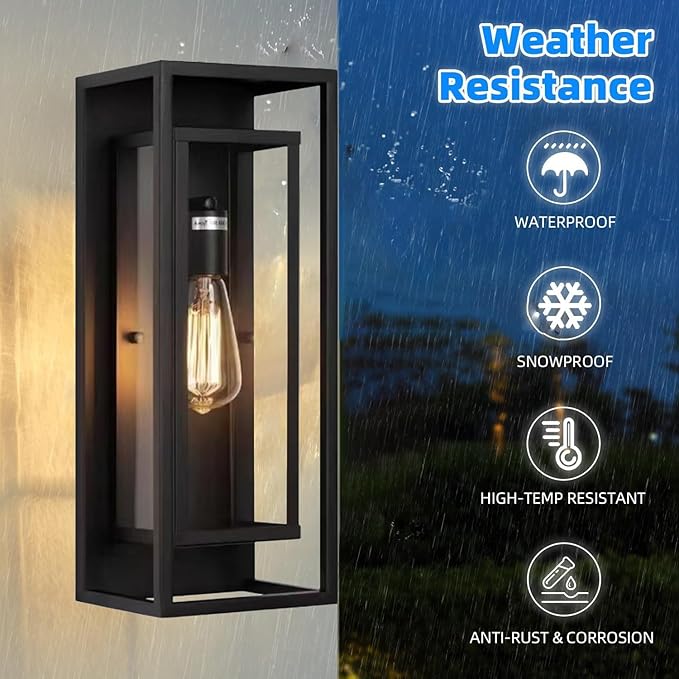 2 Pack 18 inches Outdoor Wall Lantern Light Fixture, Large Black Exterior Waterproof Wall Sconce, Anti-Rust Mount Porch Light with Clear Glass,E26 Socket
