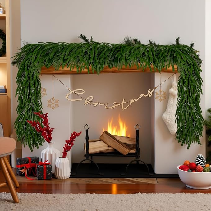 6 Ft Norfolk Pine Christmas Garland - Artificial Faux Pine Needles Real Touch Winter Garland - Indoor/Outdoor Holiday Greenery Garlands for Fireplace Mantle, Staircase, Window Decor