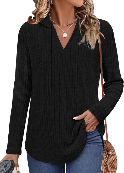 Lylinan Womens Cozy Knit Sweaters Hoodies Ribbed V Neck Pullover Sweatshirts for Fall Outfits S-XXL