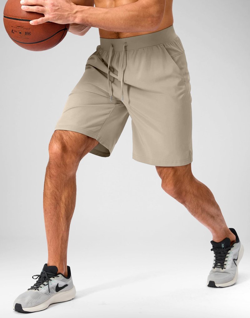 Soothfeel Men's Running Shorts with Zipper Pockets 9 Inch Lightweight Quick Dry Gym Sports Athletic Workout Basketball Shorts for Men (Khaki, L)