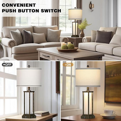 27" Tall Vintage Table Lamp Set of 2 with USB C+A & Outlet,Bronze Industrial End Table Lamp for Living Room,Farmhouse Rustic Bedside Lamps with Frosted Glass Night Light for Bedroom Nightstand,Bronze