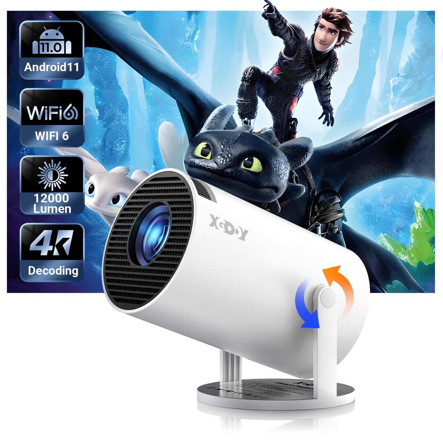 Smart Mini Projector WiFi6 Bluetooth 5.0 XGODY Gimbal 3 Protable Projector 12000L Support 4K with Android TV 11.0, Auto Keystone Correction Video Projector, 180°Rotatable Stand for Home Movie（White）