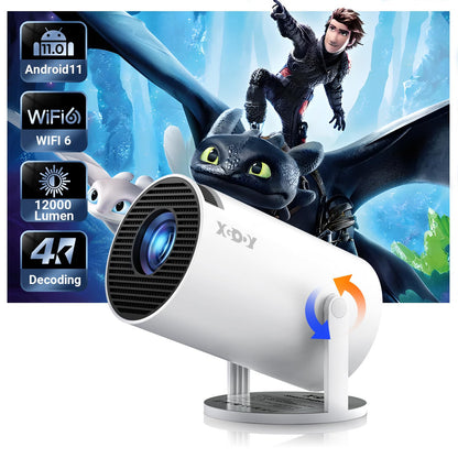 Smart Mini Projector WiFi6 Bluetooth 5.0 XGODY Gimbal 3 Protable Projector 12000L Support 4K with Android TV 11.0, Auto Keystone Correction Video Projector, 180°Rotatable Stand for Home Movie（White）