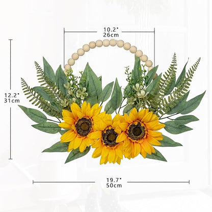 Spring Wreaths for Front Door 10" Artificial Floral Wood Bead Wreaths Eucalyptus Leaves Sunflower Wreaths for Front Door Boho Farmhouse Wall Decor 2 Pack
