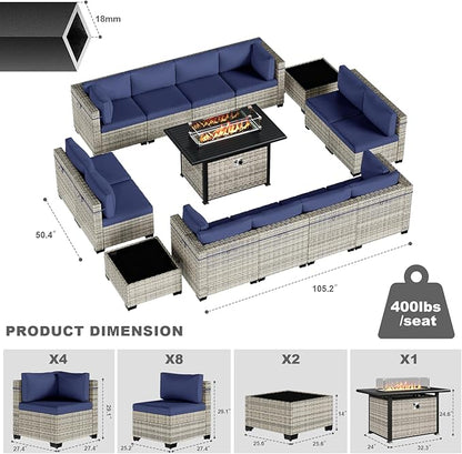 15-Piece Patio Furniture Set, Outdoor Patio Furniture with 55,000 BTU Fire Pit Table, Thick Cushions, Modular Patio Sofa, Dual-Strand Wicker Rattan, Rust-Resistant Frame, Navy Blue