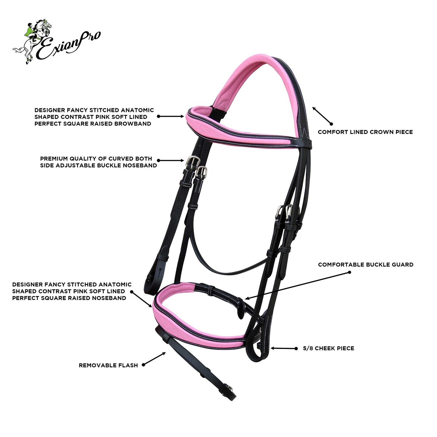 Exion Pink English Bridle for Horses | Anatomic Snaffle Noseband & Browband Jumping English Bridle with Flash | Royal English Bridle