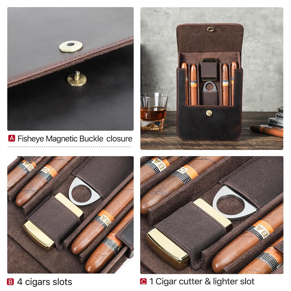 Hiram Vintage Leather Cigar Case for 4 Cigars Travel Cigar Holder with Fisheye Magnetic Buckle Includes Lighter & Cutter Slots Fits 60 Ring Gauge & 6.5 Inch Length Cigars Retro Portable Pouch