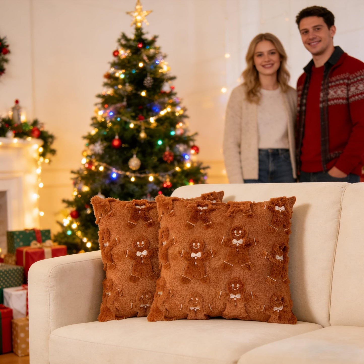 Deposhion 2-Pack Christmas Gingerbread Man Pillow Covers 18x18 Inch, Soft Plush Faux Fur Embroidered Throw Pillowcases for Sofa Couch, Holiday Home Decor