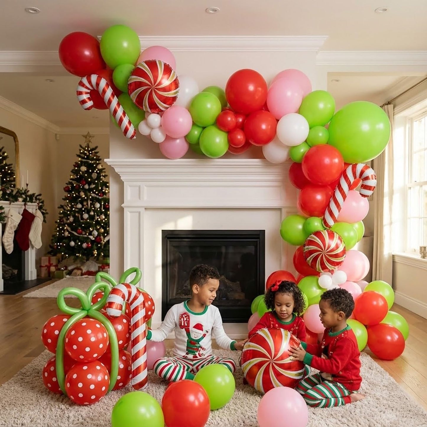 143 Pcs Christmas Balloons Garland Arch Kit with Xmas Red Pink Green Balloons Candy Cane & Swirl Foil Balloons for Holiday Party Decorations Xmas Backdrop Birthday Party Supplies