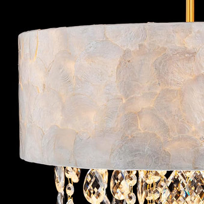 4-Lights Drum Capiz Shell Crystal Chandeliers, Coastal Style Pendant Light Fixture for Dining Room, Living Room, D18 x 21~68"(Adjustable), Shell Lampshade & Gold Finish