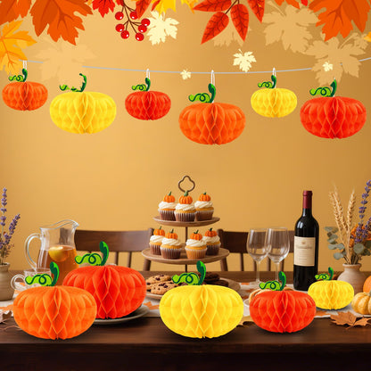 BOARDFEB 15PCS Pumpkin Honeycomb Decorations, Orange Red Yellow Honeycomb Fall Hanging Ornaments for Autumn Thanksgiving Party Favor Supplies