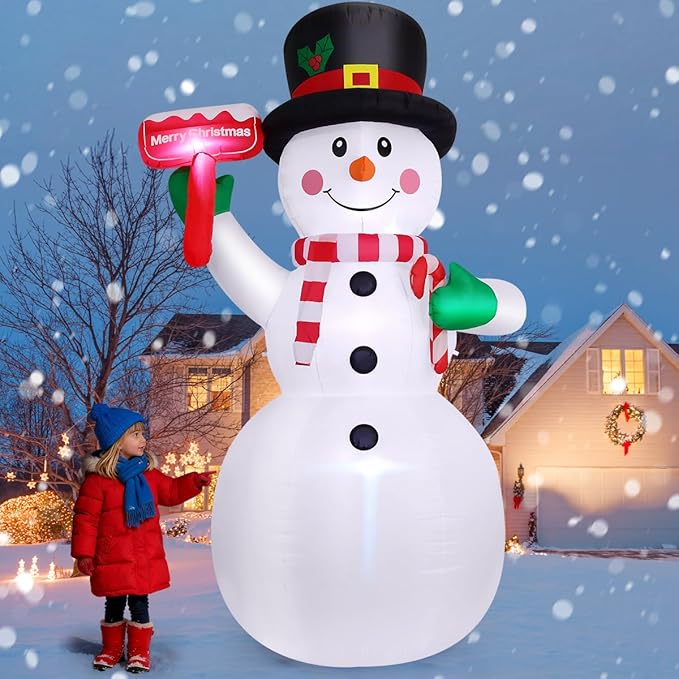 GOOSH 10.3 FT Christmas Inflatables Snowman Outdoor Decoration Blow Up Holds a Red Sign with Built-in LEDs for Garden Lawn Indoor Party Decor