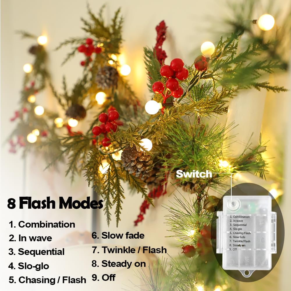 Christmas Garland 12FT 40 LED Bulbs Cypress Pine Garland with Lights Battery Operated with Bells Red Berries Pinecones Green Garlands Decoration for Xmas Holiday Thanksgiving New Year Home Decor