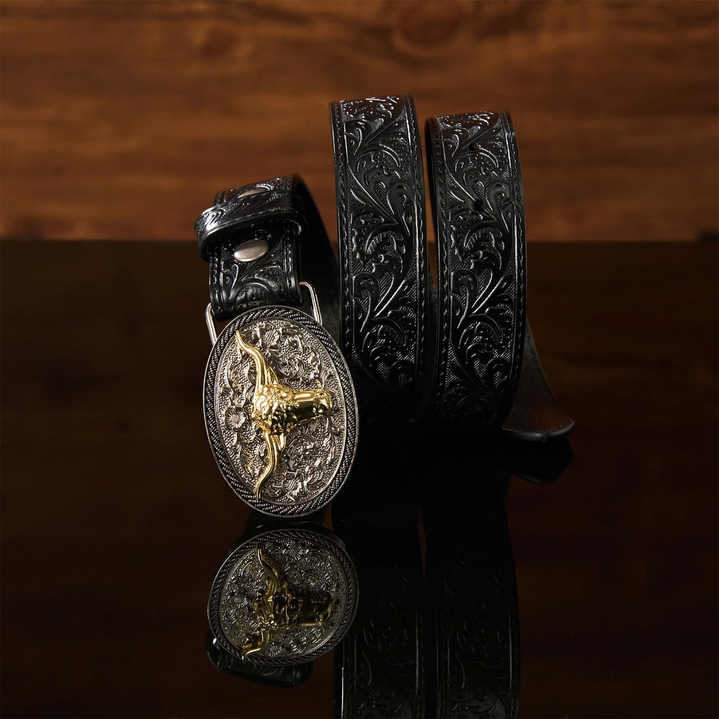 FORTMAC Western Belt–Adjustable Embossed Leather Belt with Longhorn Bull Buckle Black 85cm/33.5"