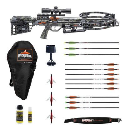 Wicked Ridge Invader M1 De-Cock Crossbow with Scope Bundle with Soft Case, Alpha-Nock Carbon Arrow, Alpha-Blaze Lighted Carbon Arrows, Neoprene Sling, Conditioner, and Premium Lubricant (7 Items)