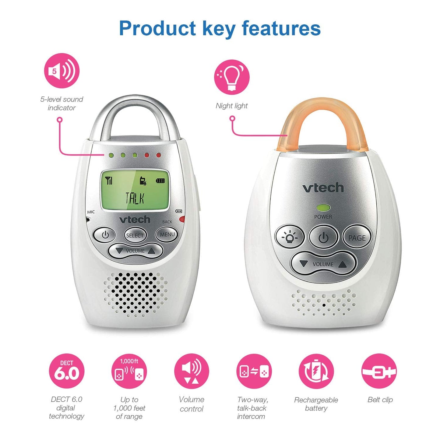 VTech Communications DM221 Audio Baby Monitor with up to 1,000 ft of Range, Vibrating Sound-Alert, Talk Back Intercom & Night Light Loop, White/Silver
