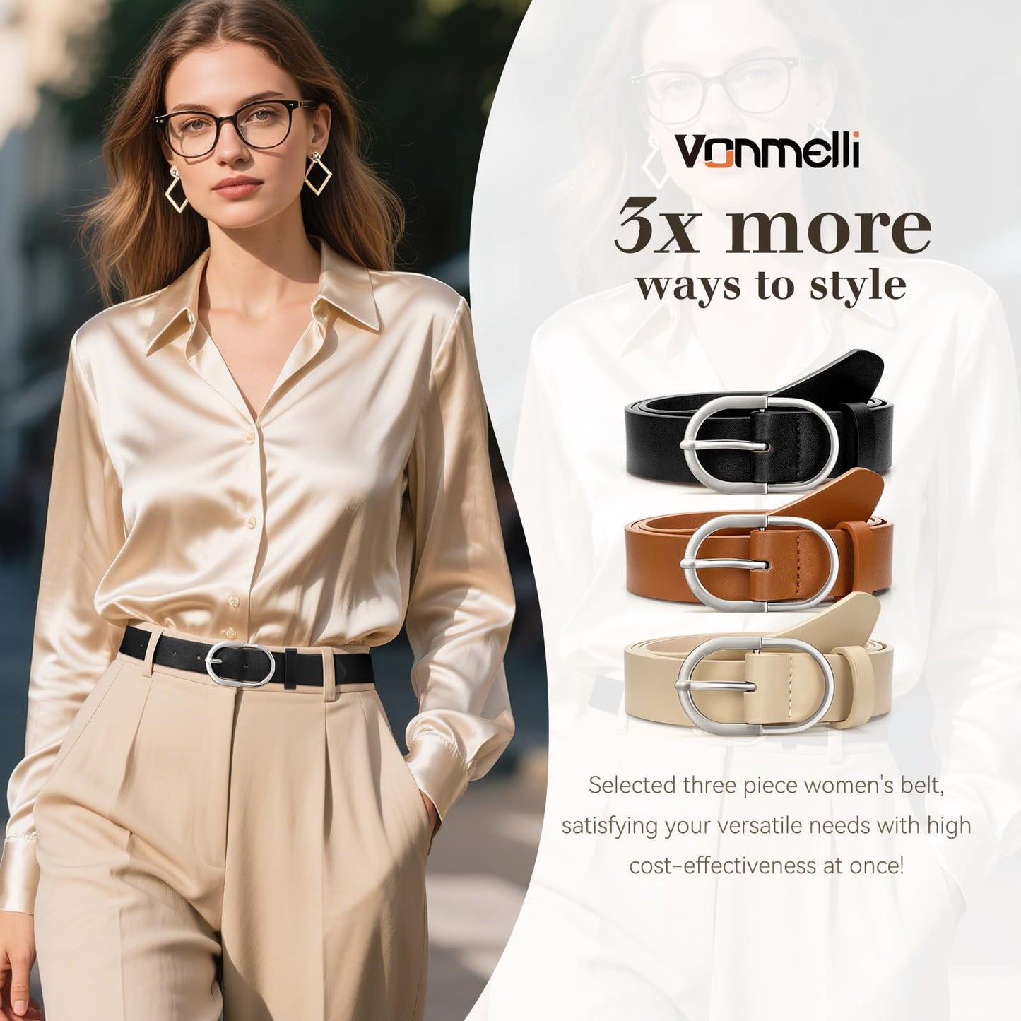 VONMELLI 3 Pack Women's Belts for Jeans Pants Fashion Silver Buckle Ladies Dress Belt Black Brown Beige M