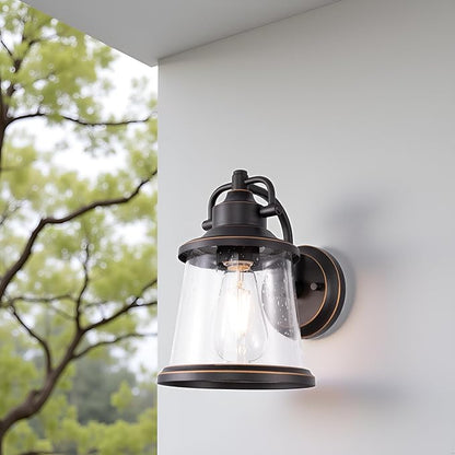 GRUENLICH Outdoor Wall Lantern, Wall Sconce as Porch Lighting Fixture, E26 Medium Base, Metal Housing Plus Seeded Glass, Oil Rubbed Bronze Finish, Bulb Not Included, 1-Pack
